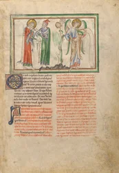 San Juan el Evangelista consolado por un anciano y un ángel sosteniendo un pergamino